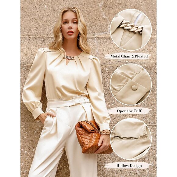 Chic Long Sleeve Satin Silk Top for Women - Elegant Hip-Length Blouse in Apricot - Picture 3 of 9